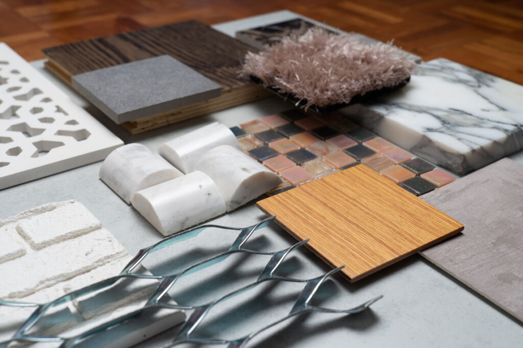 Samples of many different types of flooring, such as tile, laminate and vinyl flooring.